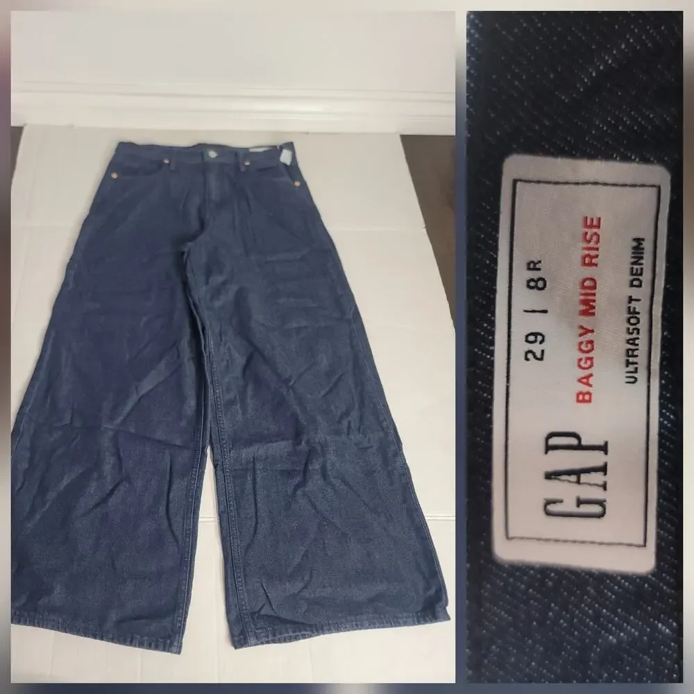 Gap Jeans Womens SZ 29 Baggy Mid-Rise Dark Wash Ultrasoft Wide Leg Drapey NEW